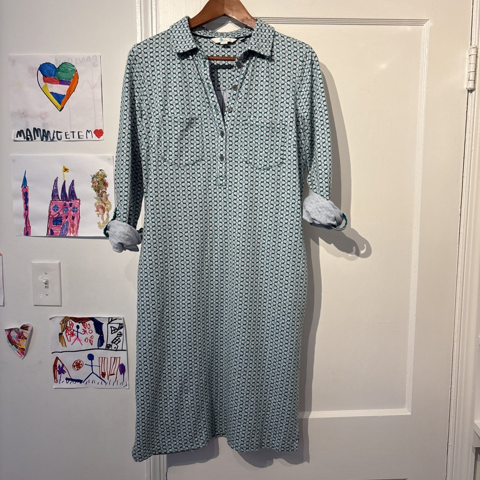 Boden Sz 8 Long Jenna Jersey Shirt Dress Green Gray 100% Cotton Geometric CB