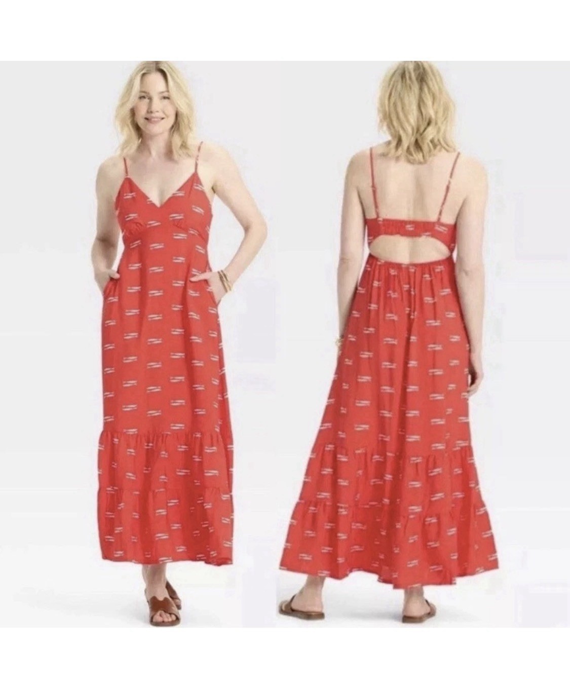 A New Day Strappy Tiered Maxi Dress Red Fish Print Womens M Coastal Boho Resort