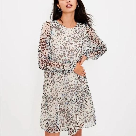 LOFT Medium Tiered Flounce Leopard Print Sheer Chiffon Long Sleeve Dress NWT