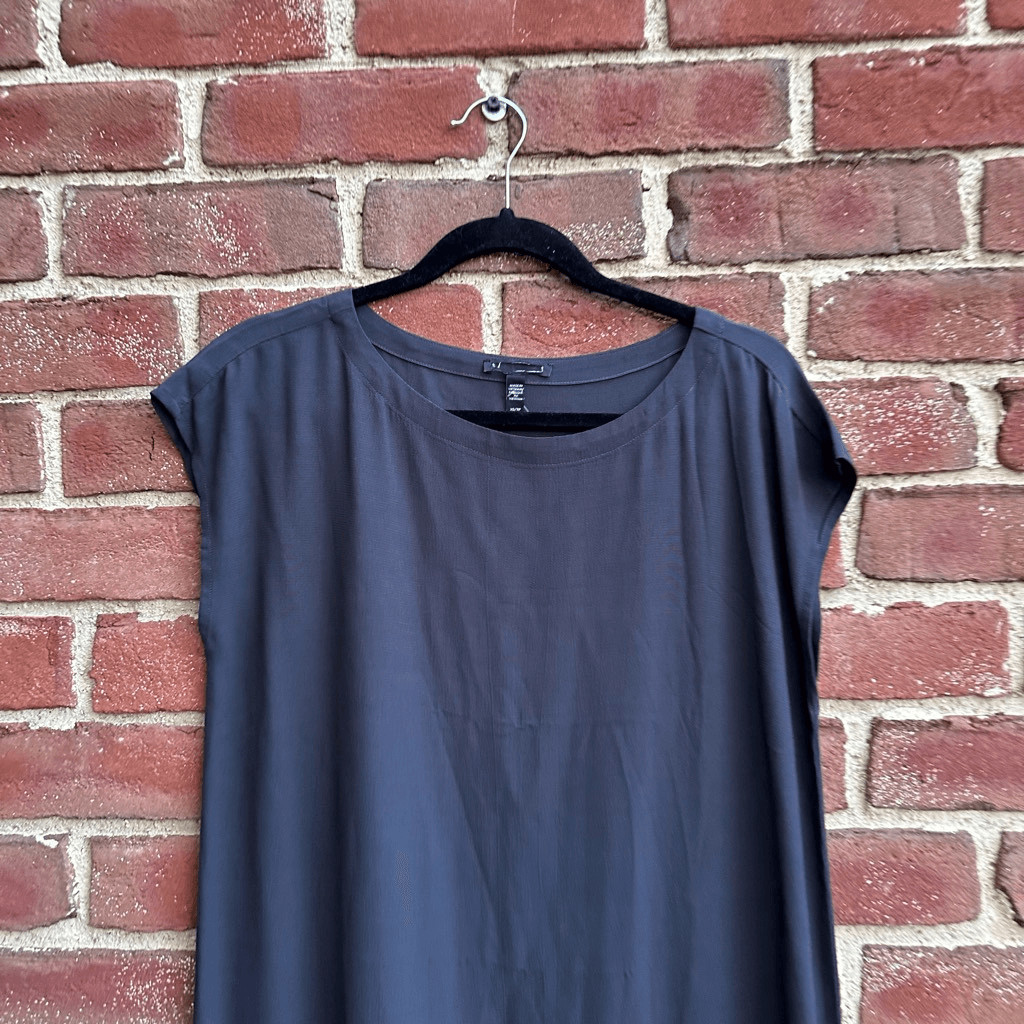 Eileen Fisher $248 Charcoal Gray Bateau Neck Midi Tunic Dress Tencel Lyocell XS