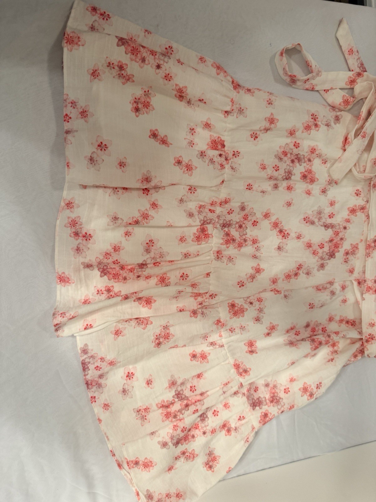 Gianni Bini White Pink Floral Wrap Dress V-Neck Puff Sleeve Belted Ruffle S