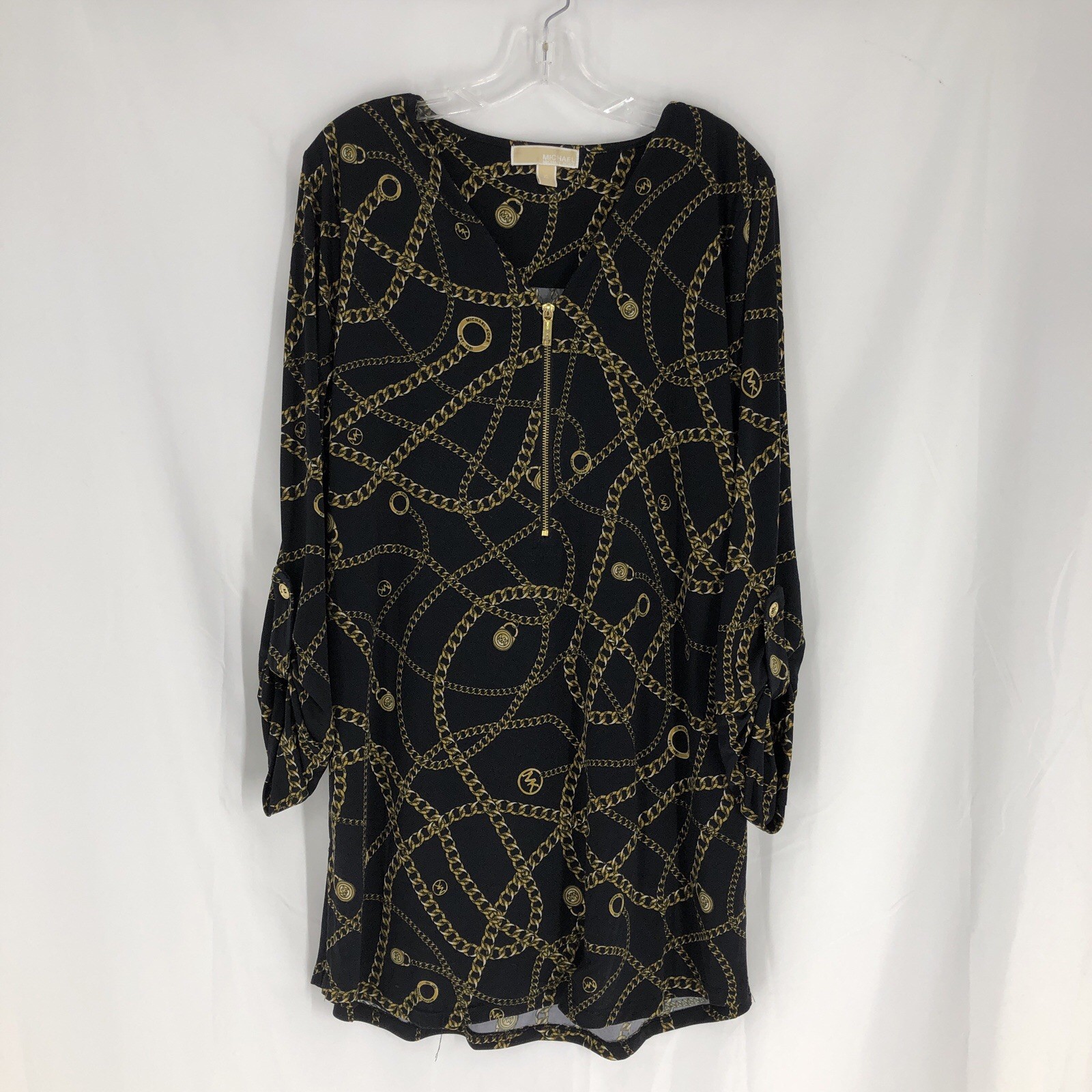 MICHAEL KORS Black/Gold Chains Print Roll Tab Sleeve Dress Size XL