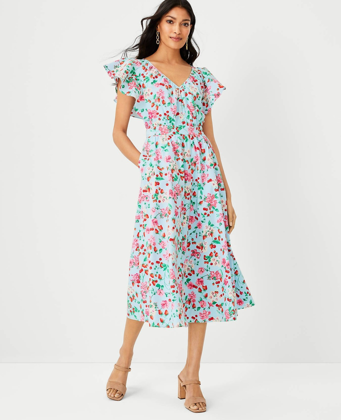 ANN TAYLOR Floral Aqua Blue V-neck Flutter Tea Dress| POPLIN COTTON | Summer