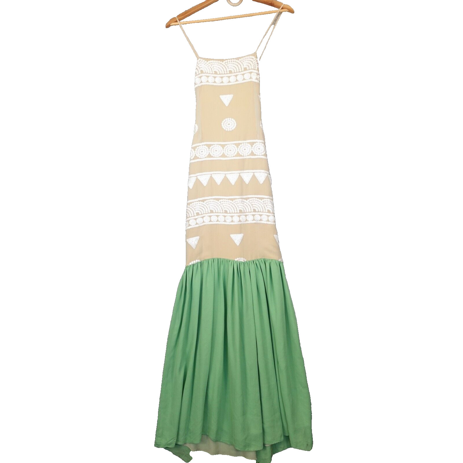 Fairy Boho Waist Drop Sequin Dress XS Beige Green Silk Maxi Resort Cruise FLAWED