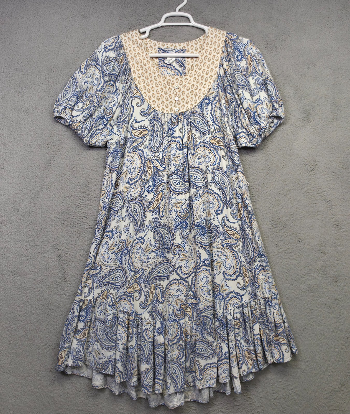 Lucky Brand Dress Womens M White Blue Puff Sleeve Paisley Flow Boho Tunic Short