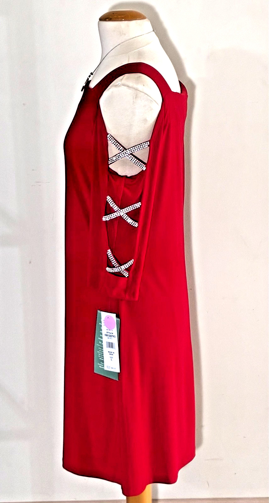 NWT-MSK Studded 3/4 Sleeves Shift Party Dress (Vibrant Red) – Size L