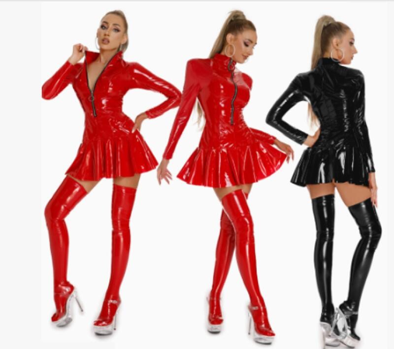 Womens Shiny Wetlook PVC Leather Bodycon Mini Dress Zipper Pleated Skirt Dresses