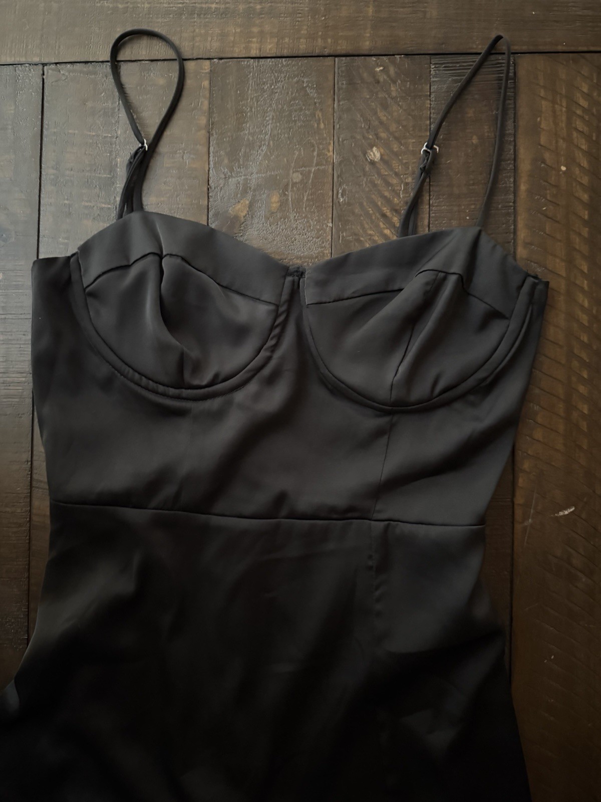 Astr the Label Black Satin Midi Dress with Spaghetti Straps and front slit XS