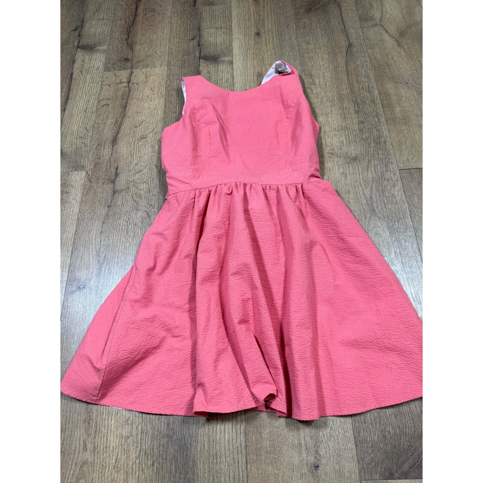 Lauren James Pink Seersucker Bow Back Dress Sleeveless V-Back Preppy Coral Large
