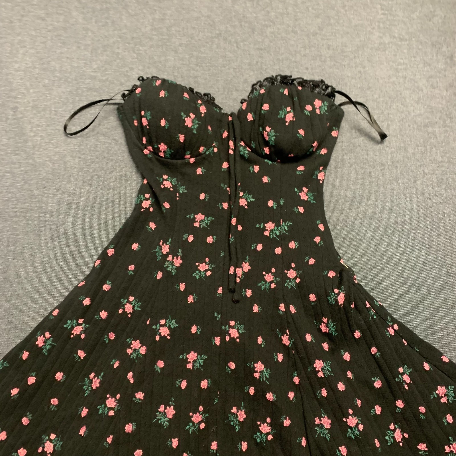Windsor Women’s Dress Size S Black Pink Ditsy Floral Print Strapless Mini A-Line