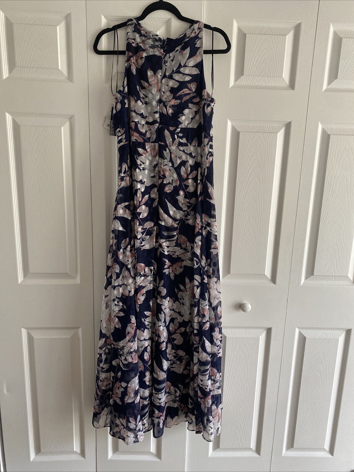 R&M Richards High-Low Floral Gown Womens Size 6 Navy Silver Rhinestone Dress NEW