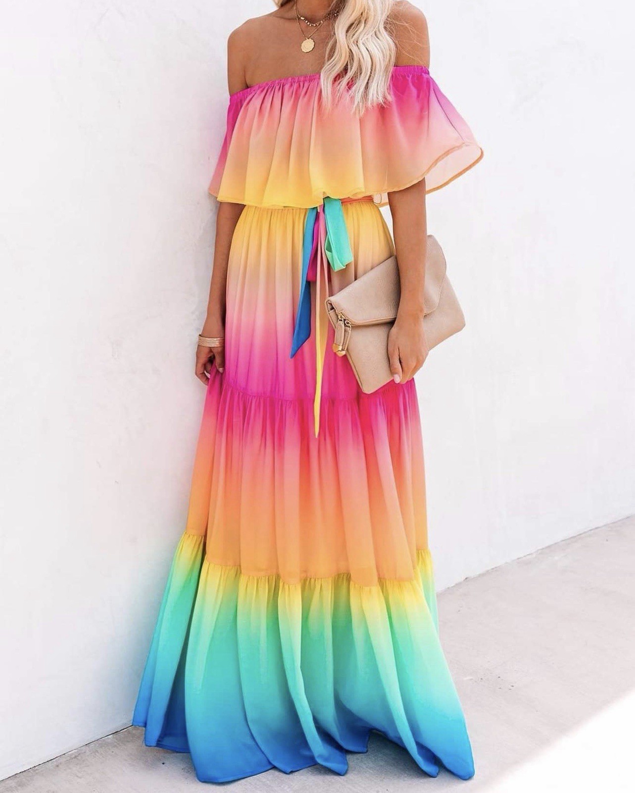 Vici Multicolor Ombre Off Shoulder Chiffon Maxi Dress Pullover Tie Belt S