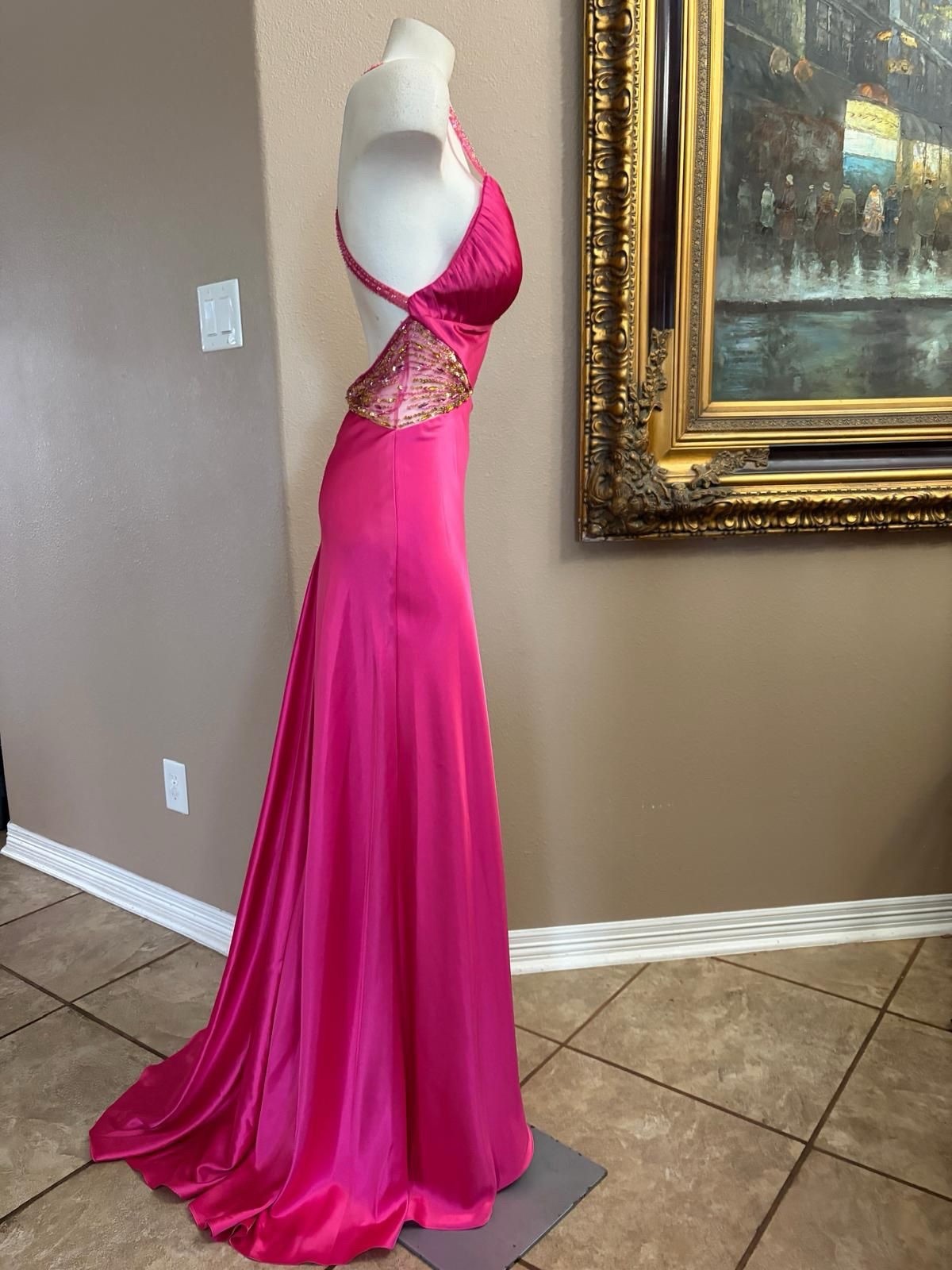 Anna Scott Designs Pink Satin Sequin Backless Long Bodycon Formal Dress V-Neck 6