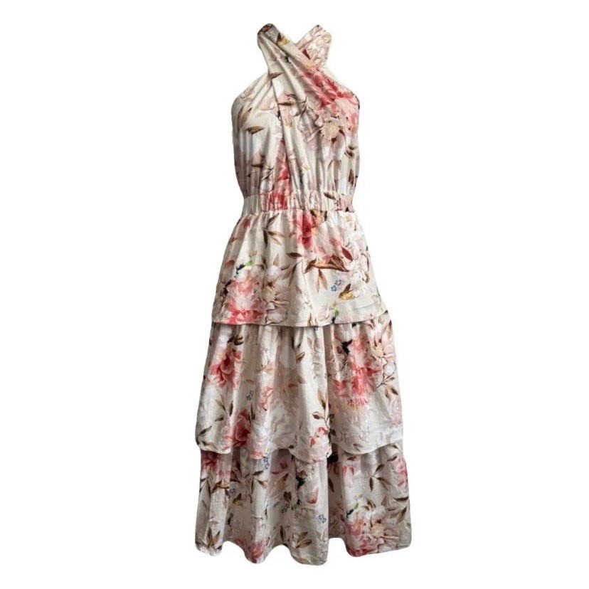 Express XL Floral Criss Cross Tiered Ruffle Linen Sleeveless Halter Midi Dress