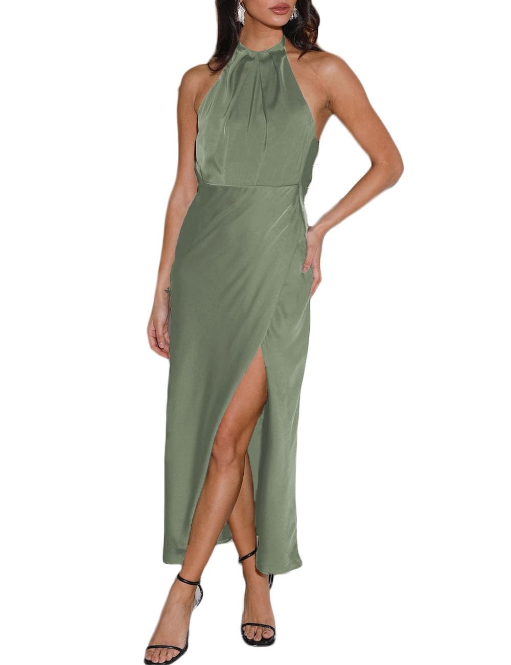 BEOVR Midi Dress Sage Elegant Cowl Back Ruched Wedding Guest Dress Large