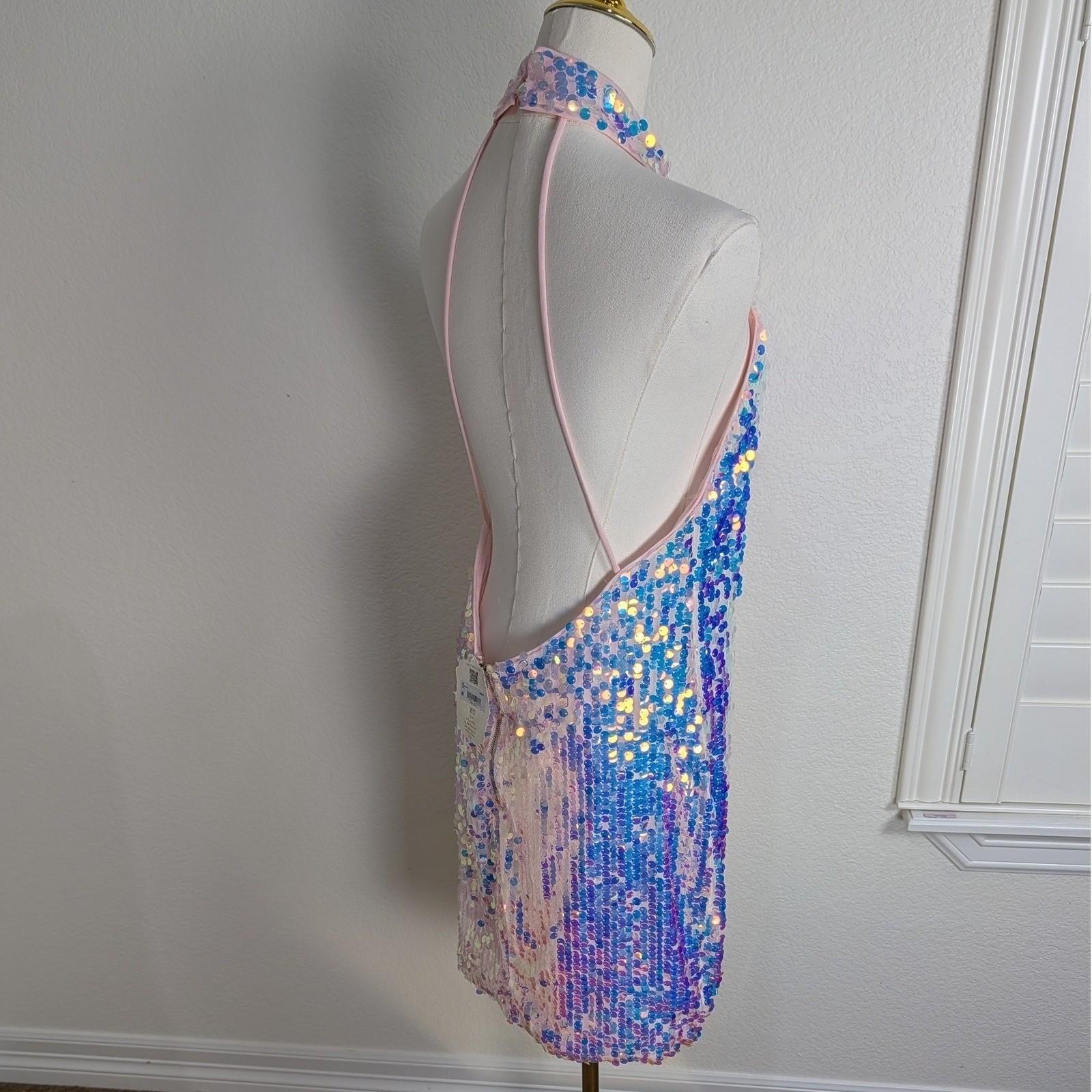 Altar’d State Opal Sequin Mini Dress L Halter High Neck Iridescent Mermaid Party