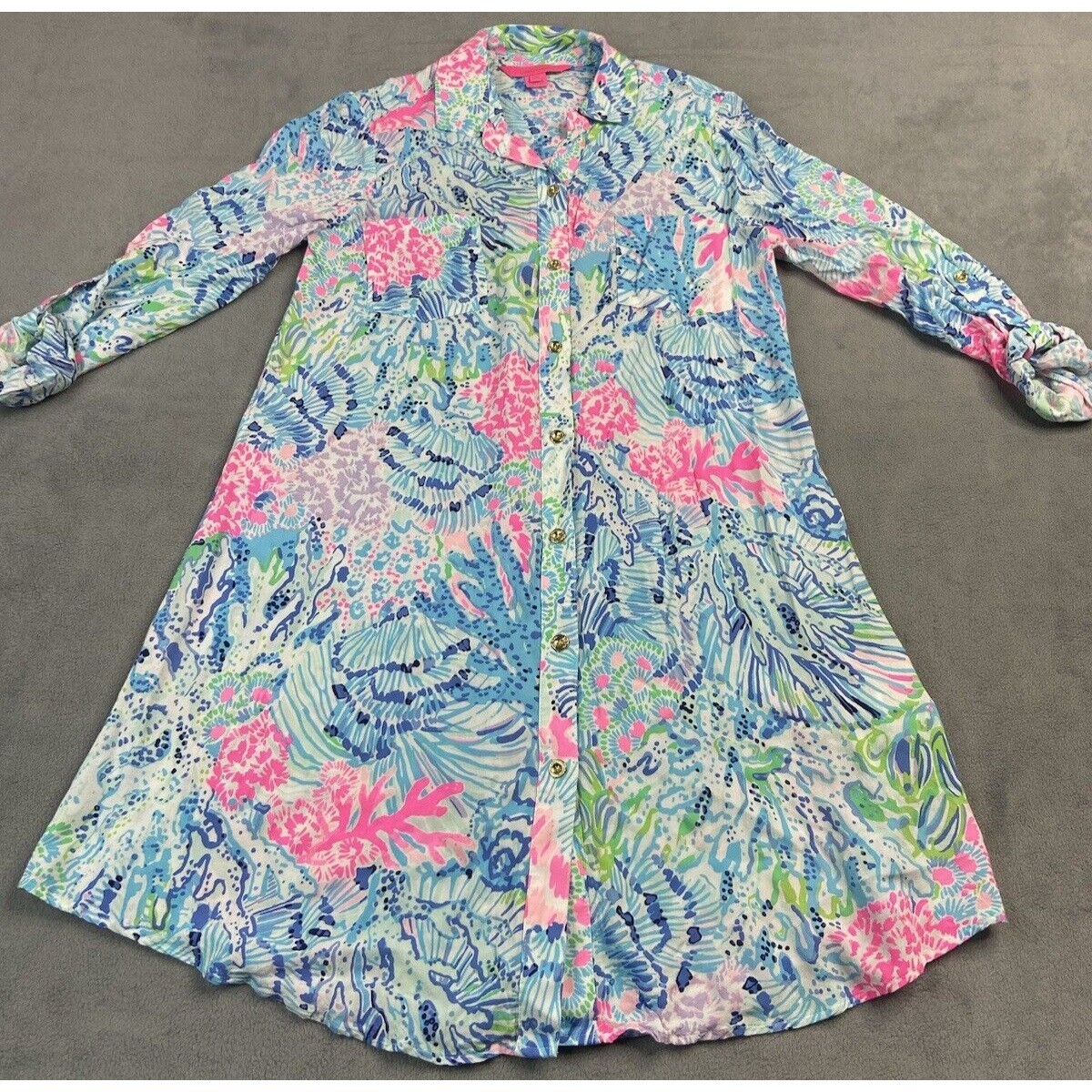 Lilly Pulitzer Dress Womens XXS Elsa Shirtdress Coastal Preppy Coastal Roll Tab
