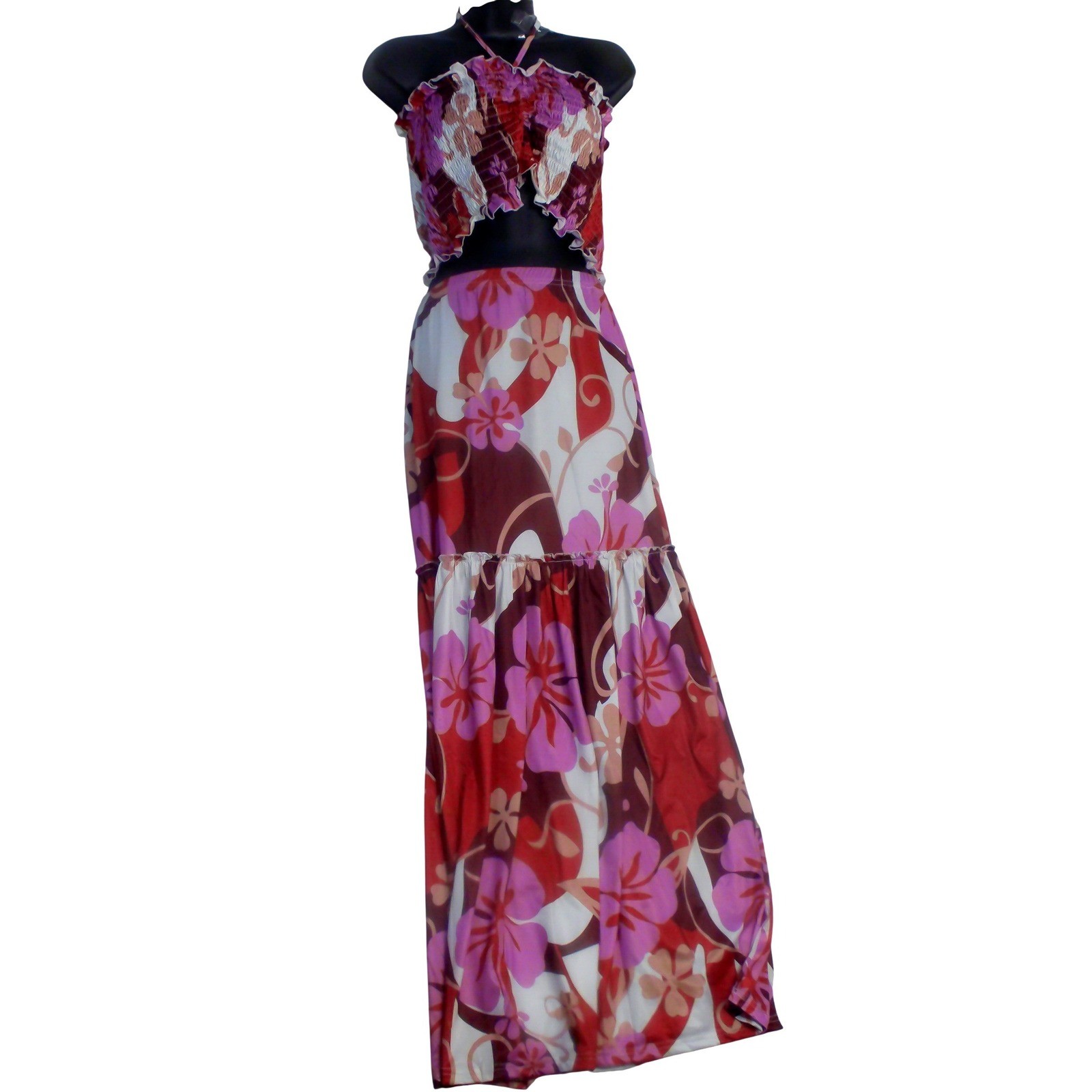 India Boutique Women TropicalFloral 2 Piece Maxi Set Smocked Halter Top Skirt OS
