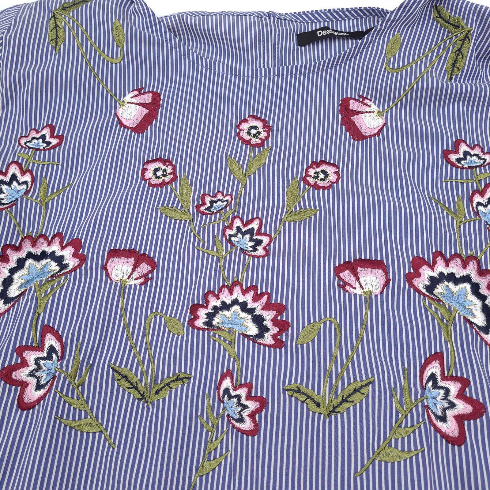 Desigual Fit & Flare Dress Striped Floral Embroidered Bell Sleeve Size 42