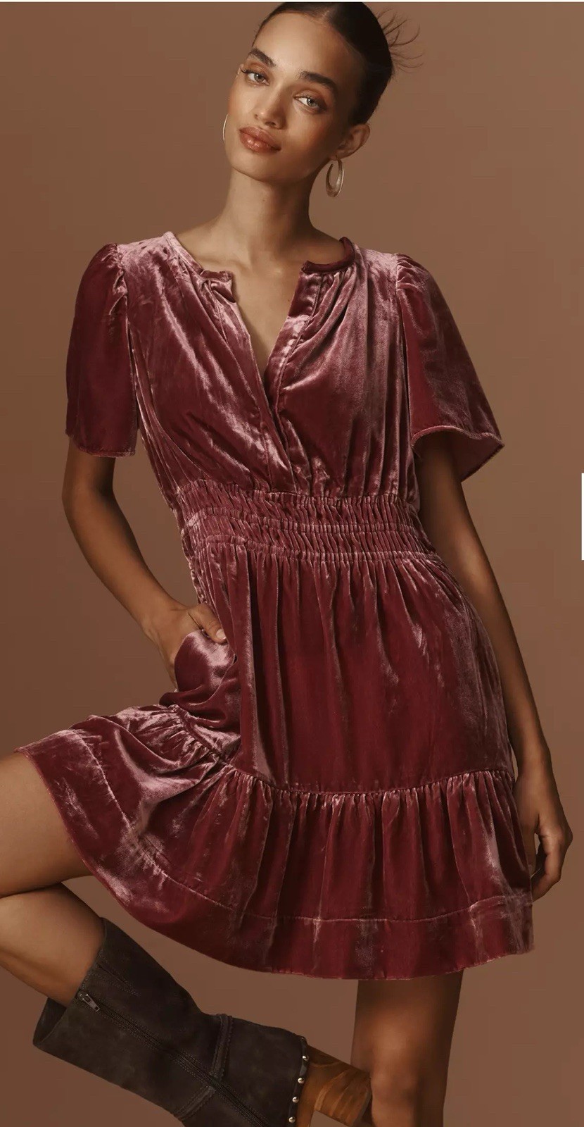By Anthropologie Somerset Velvet Mini Dress Mauve Rose Smocked Tiered Size XS