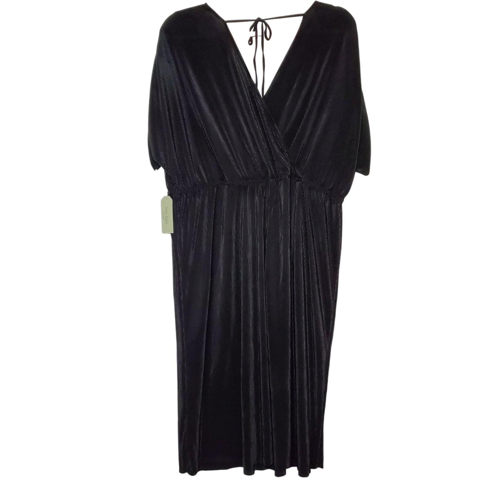 Nine.Eight New York Black Pleated Maxi Dress 3X V-Neck With Tie Closure Womens