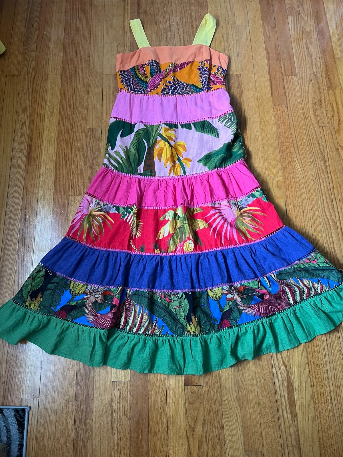 FARM Rio Rainbow Colored Tropical Print Tiered Maxi Sundress L