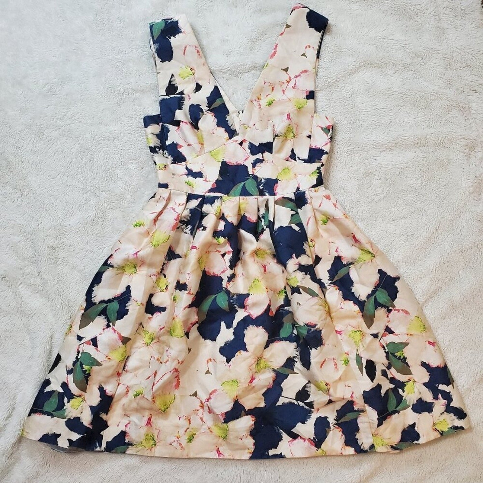 J. Crew Floral Cream Navy Blue Mini Dress Women 0 Silk Wool Romantic Party Prom