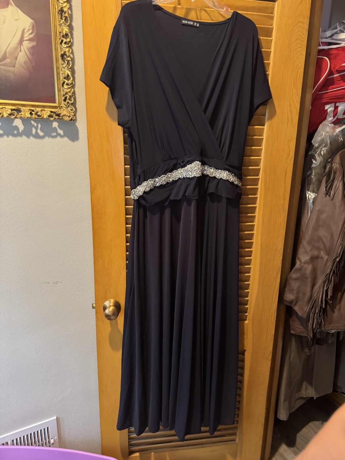 KOH KOH Women’s Plus 4XL Navy Solid Maxi Dress Short Sleeve Rhinestone