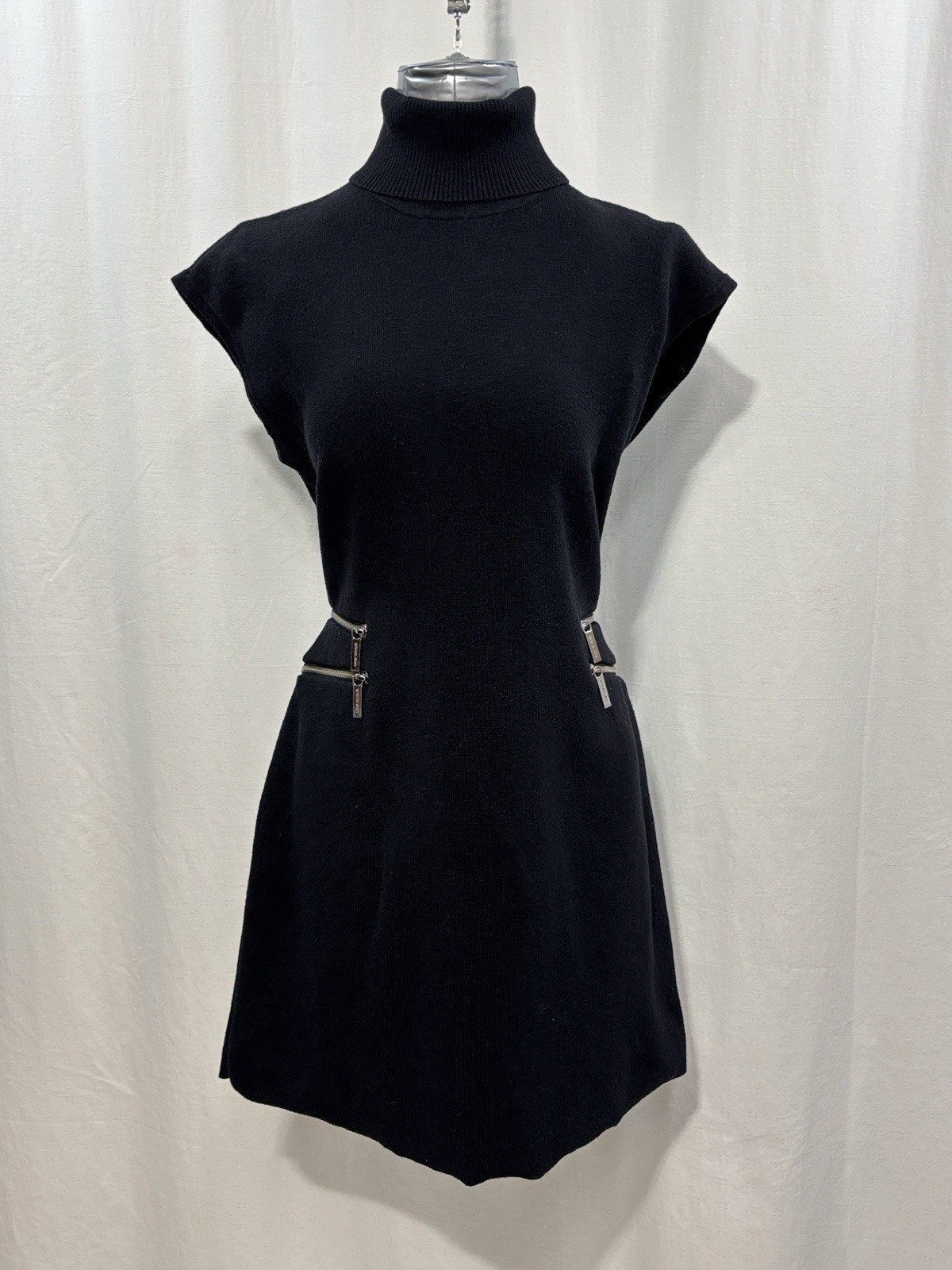 Michael Kors Black Turtleneck Cap-Sleeve Sweater Dress w/Side Zipper 44% cotton