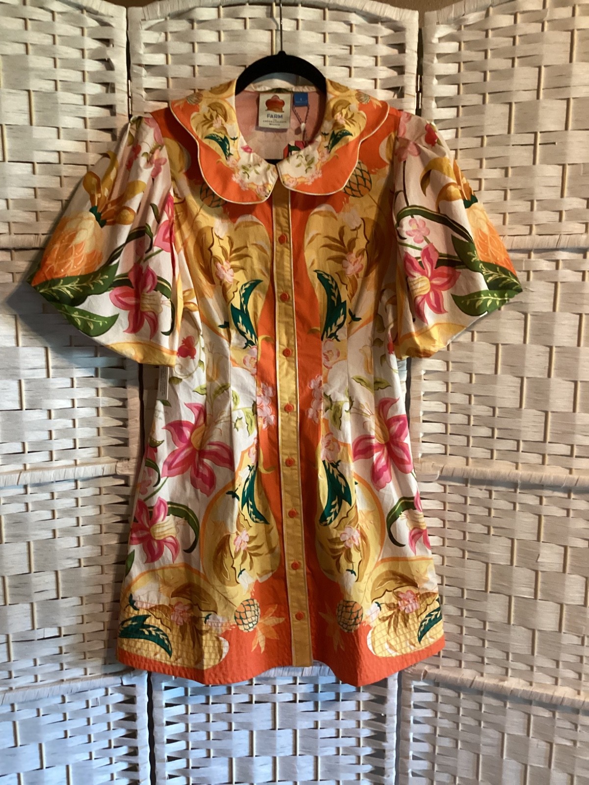 New Farm Rio Talita Floral Puff Sleeve Mini Dress Orange Button Front sz S