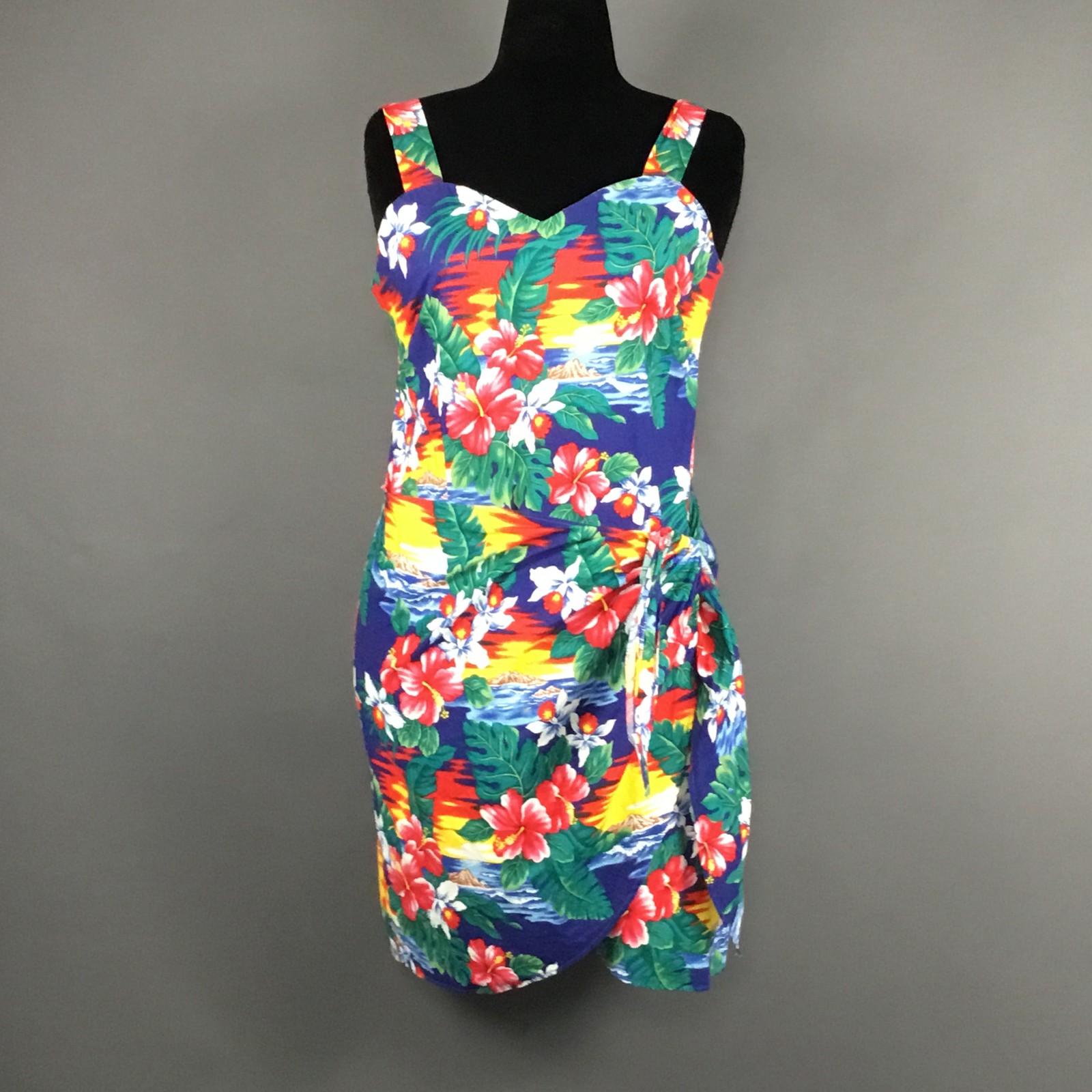 Island Aloha Wear Hawaiian Print Faux Wrap Dress 100% Cotton Size L