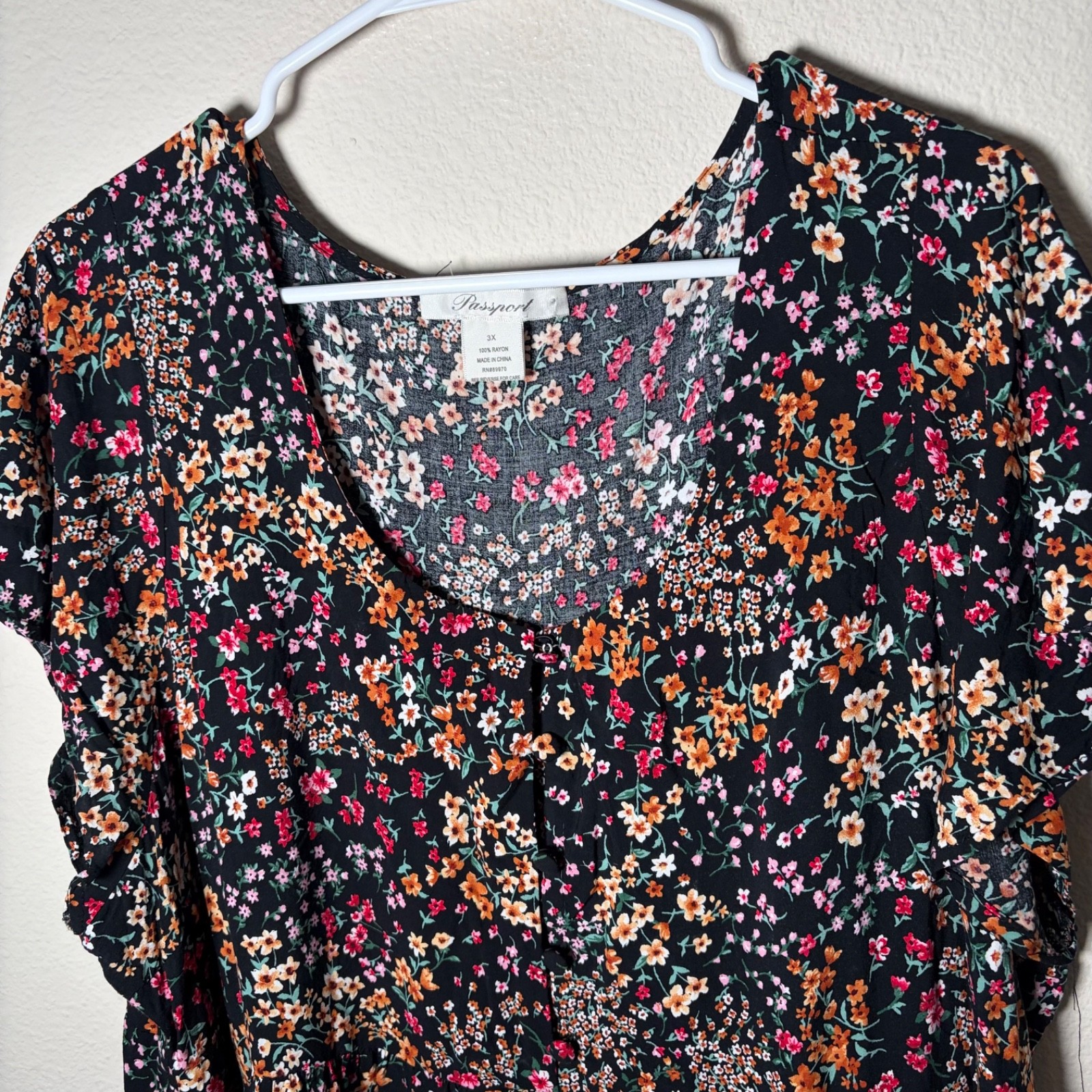 Passport Dress Women’s 3X Black Floral Round Neck Short Sleeve Casual Boho