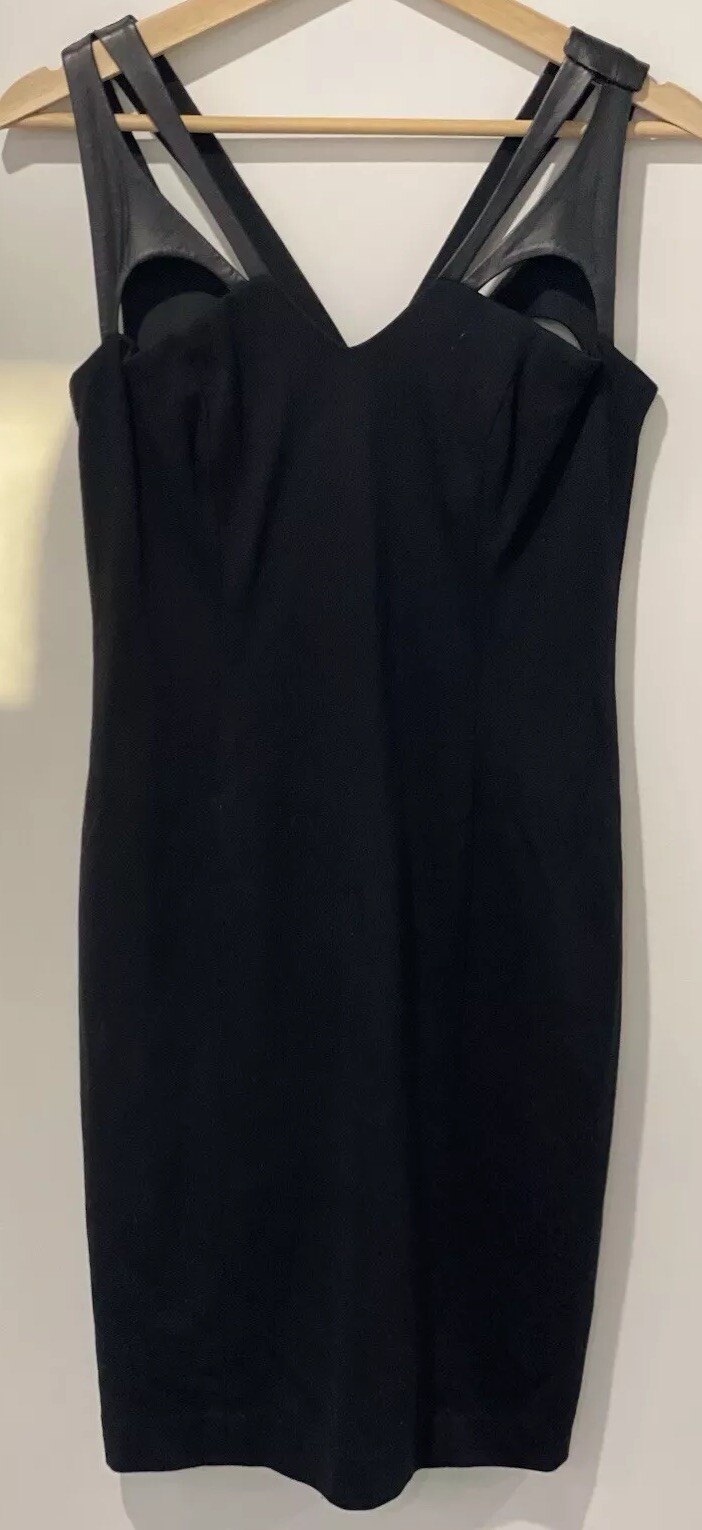 Cynthia Steffe Little Black Dress With Leather Straps Midi Bodycon Fitted Size 6