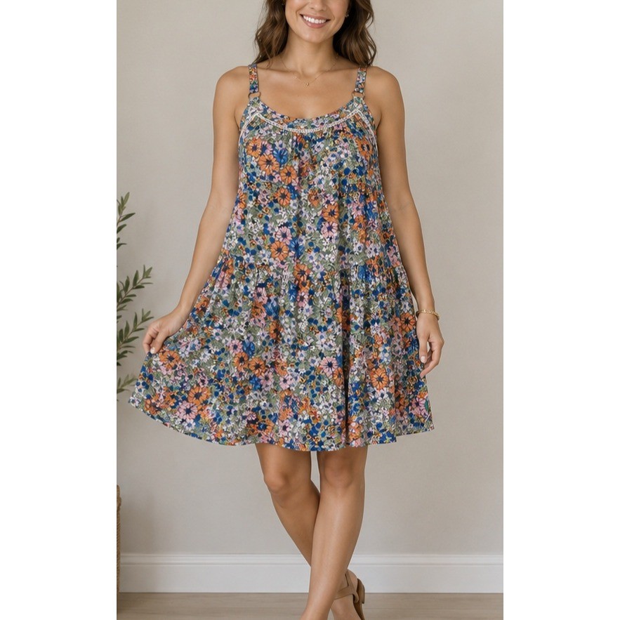 Wild Fable Floral Tiered Babydoll Mini Dress Crochet Trim O-Ring Boho Sundress