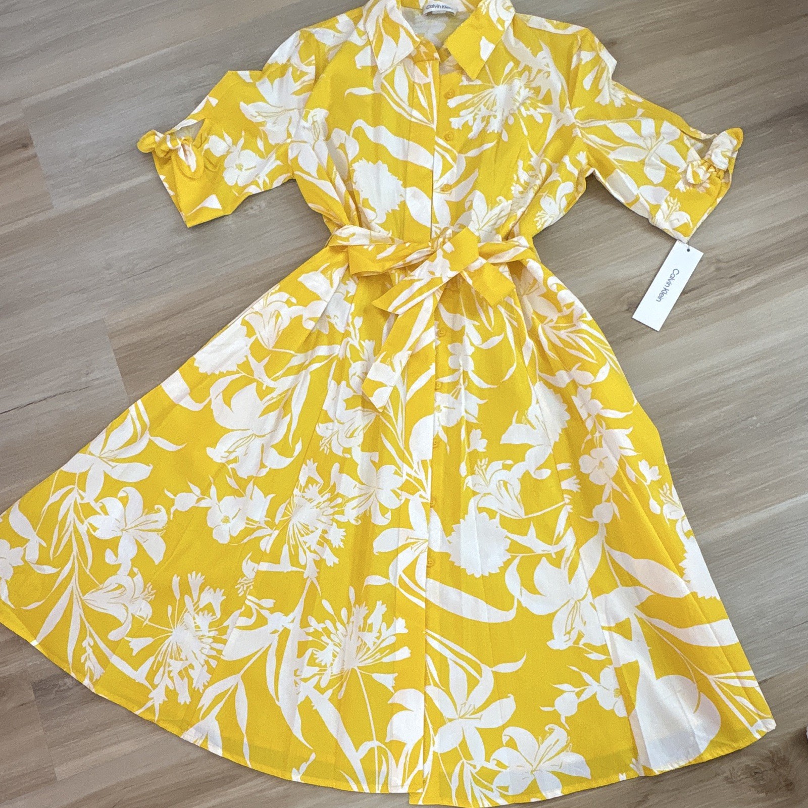 Calvin Klein Floral Midi Shirt Dress Yellow/White Button Belted Pockets 8