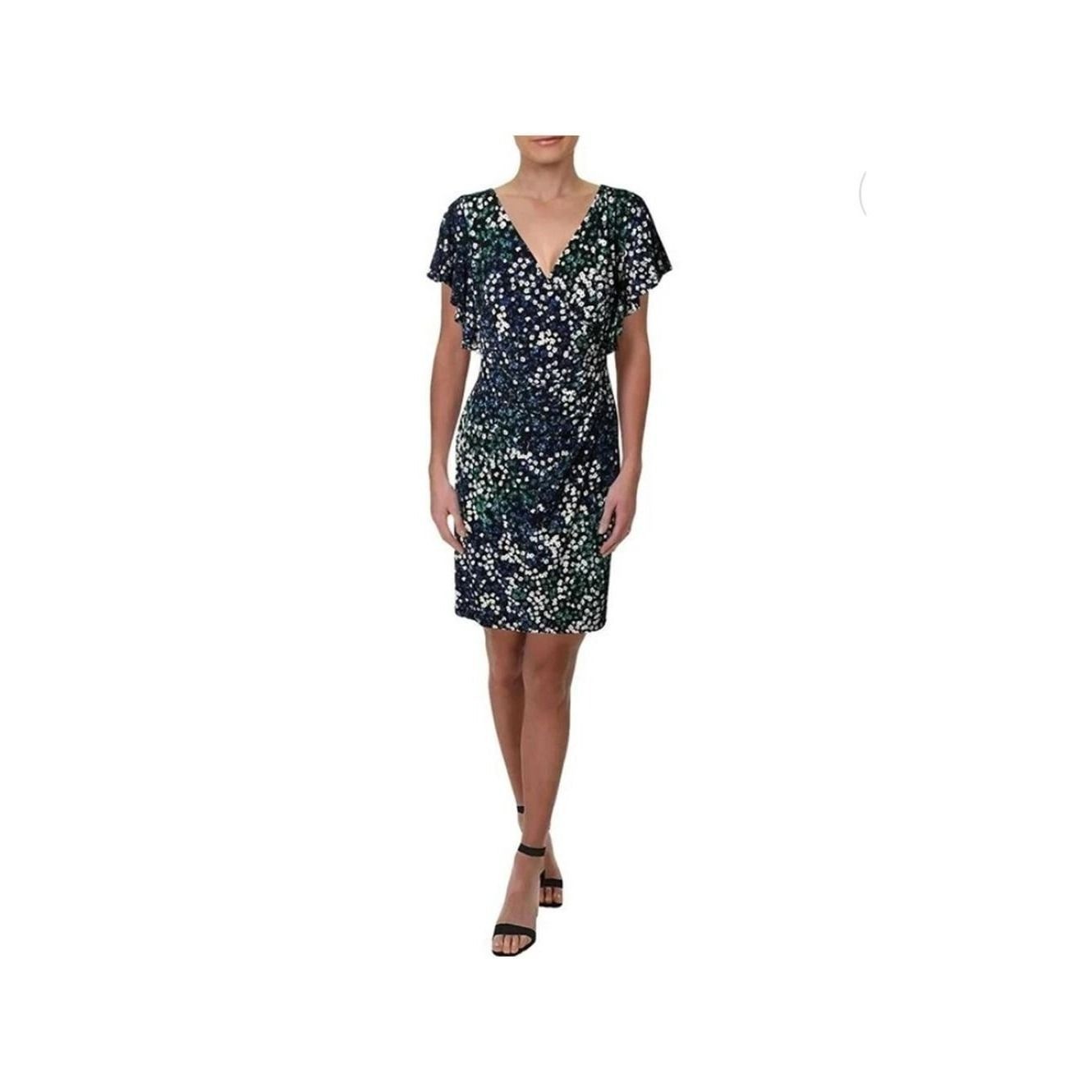 Ralph Lauren Navy Blue White Green Floral Wrap Ruffle Sleeve V-Neck Mini Dress
