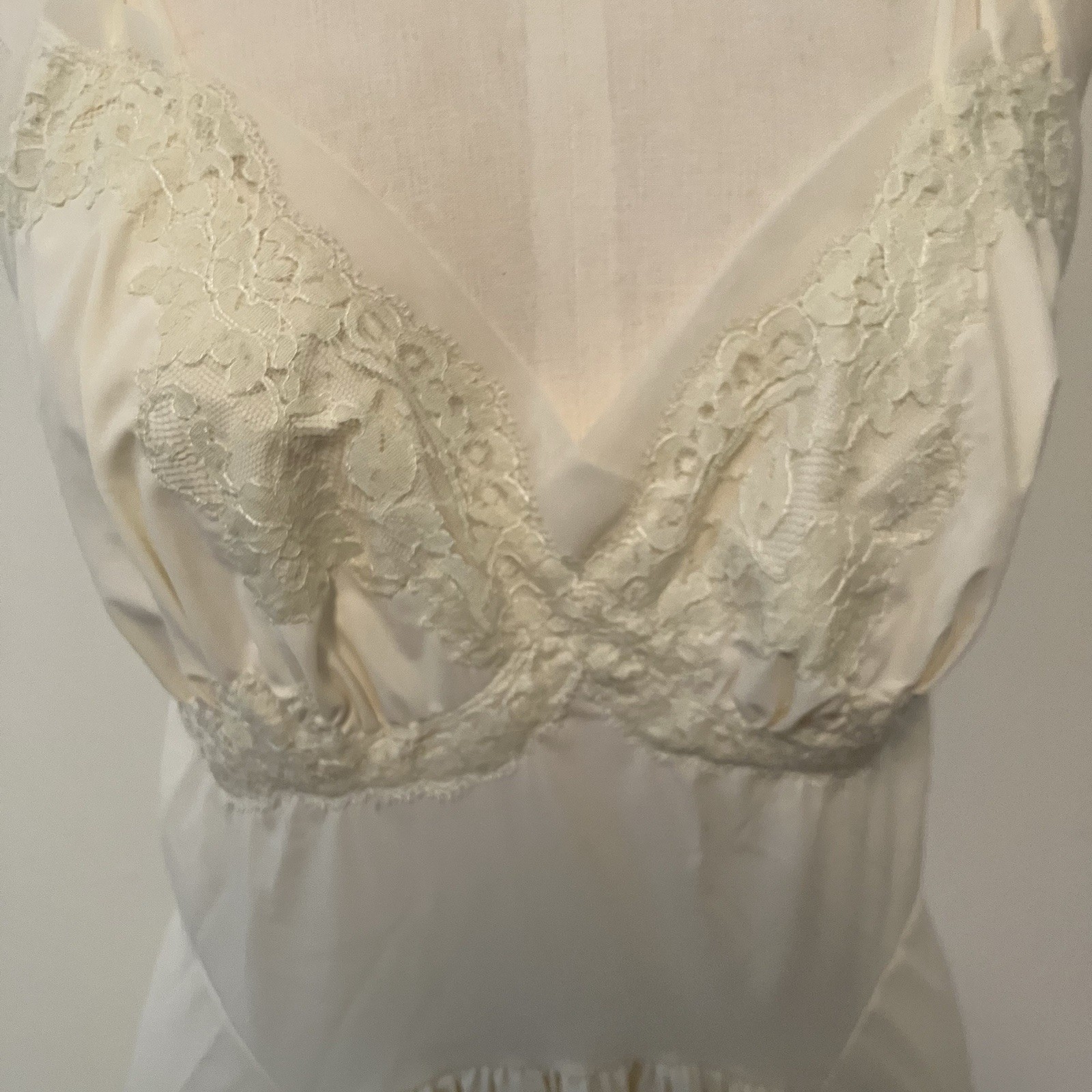 VTG Nylon Slip Dress Lace Basque Waist Chemise Maxi Coquette Ivory Regency Sz 32
