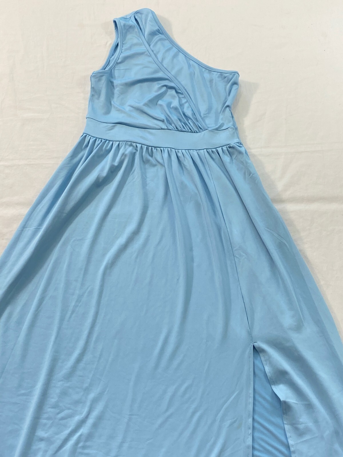 women’s formal one shoulder long dress size medium light blue high slit on leg