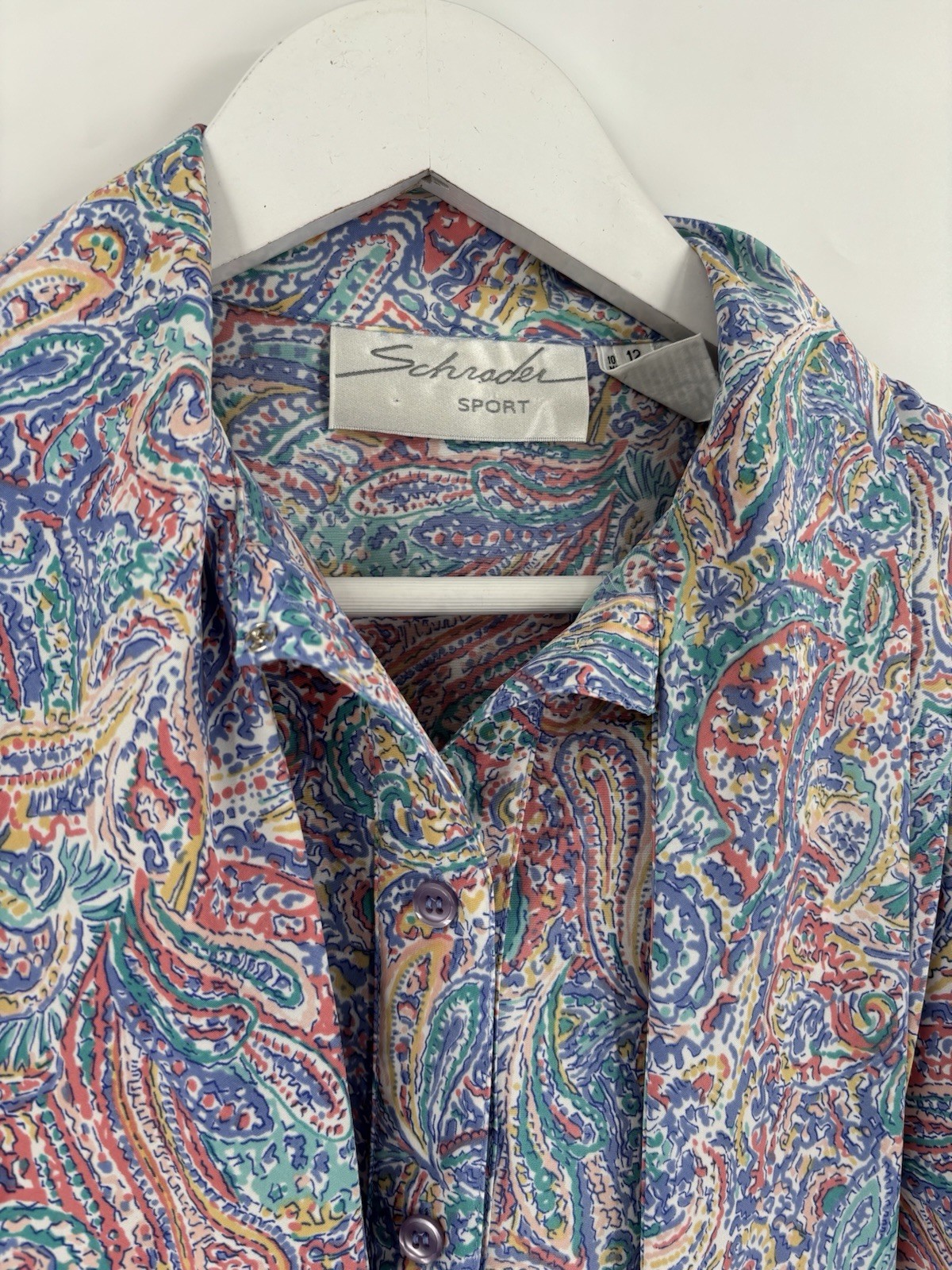 Schrader Vintage Dress Womens 12 Blue Pink Belted Paisley Pussybow Midi Colorful