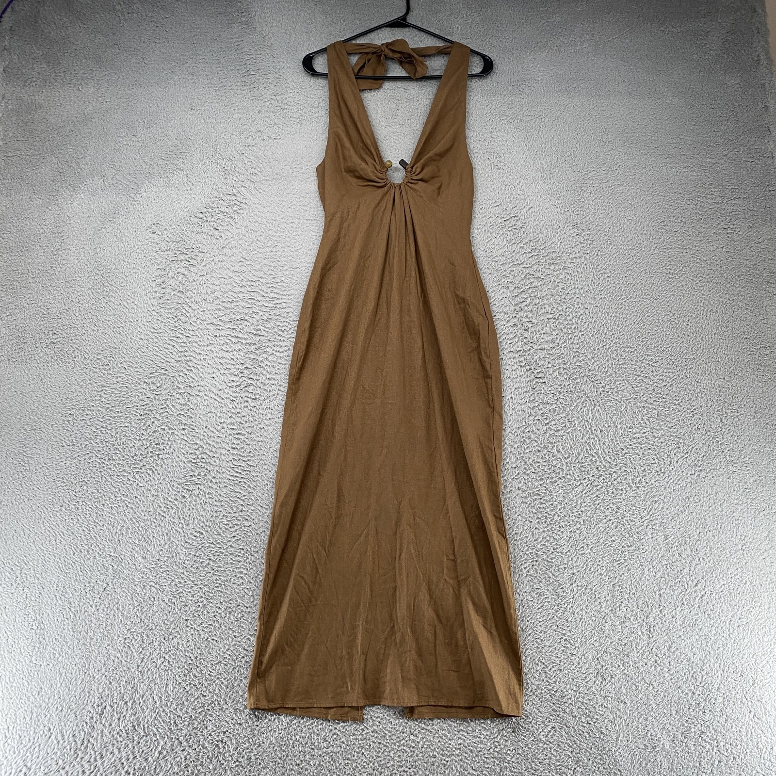 Zara Maxi Dress Womens M Brown Linen Halter Backless Ring Front Beach Boho