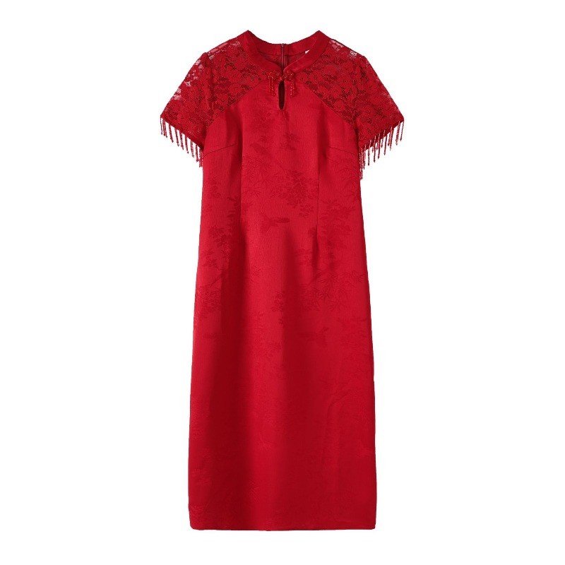 Bride Chinese Tassel Wedding Dress Qipao Loose Lace Satin Splice Cheongsam Beads