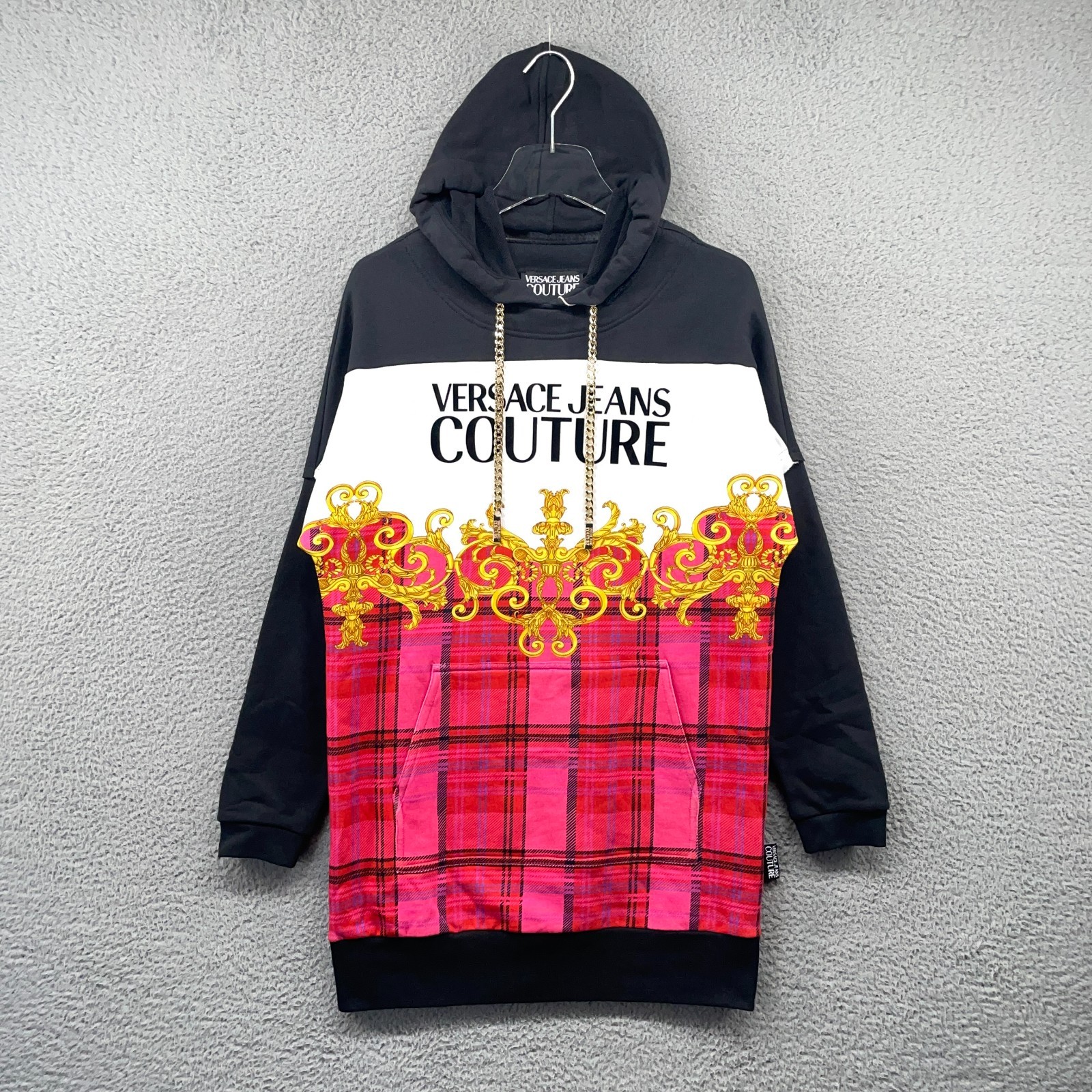 Versace Jeans Couture Hoodie Dress Womens XXS Baroque Plaid Chain Drawstring