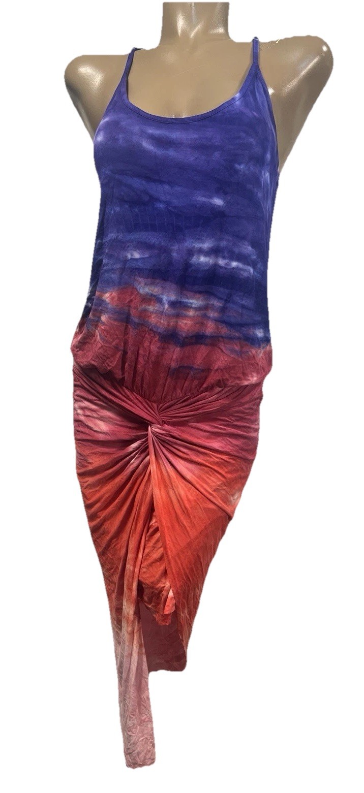 YOUNG FABULOUS & BROKE Vibrant Tie Dye Knit Ruched Bodycon Asymmetrical Dress M