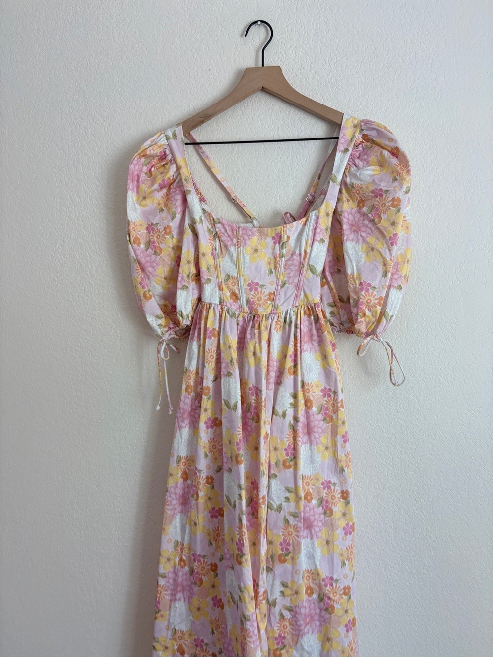 For Love and Lemons Carrie Floral Square-Neck Pink Puff-Sleeve Midi Dress