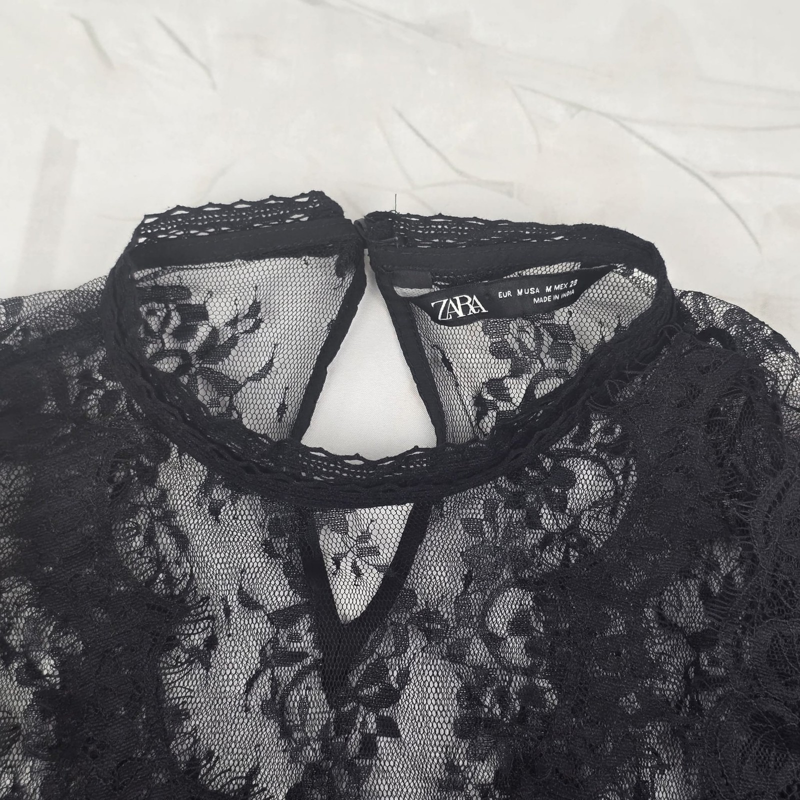 Zara Black Lace Pleated Mini Dress Sheer Long Sleeve Gothic Party Evening Size M