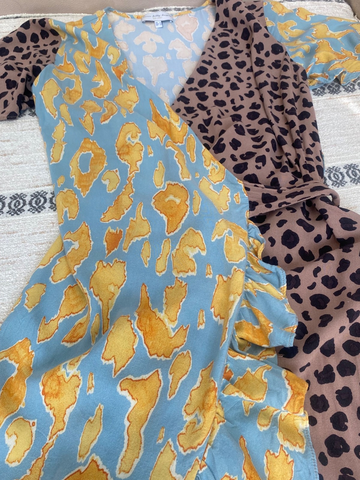 Never Fully Dressed Mixed Leopard Print Ruffle Wrap Midi Dress