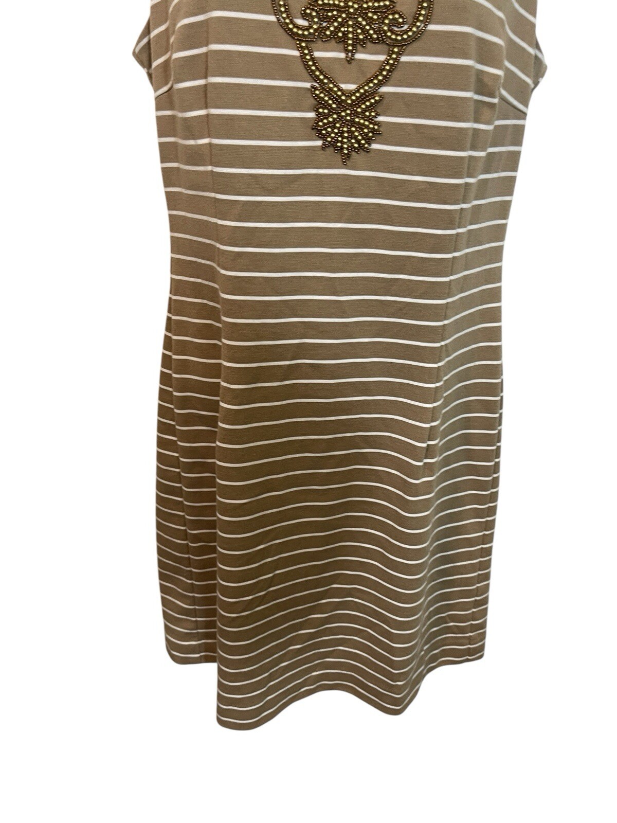 SHARAGANO Women’s Size 8 Tan Striped Dress with Beaded Embellishment