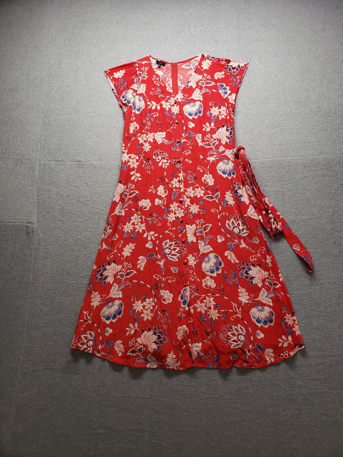 Talbots Women Dress 10P Red Floral V Neck Back Zipper Tie Waist A Line Cocktail