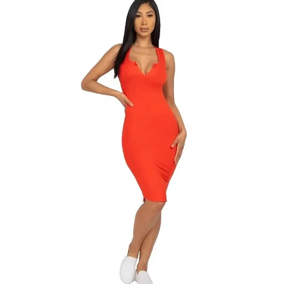 NEW Capella Medium Red/Orange Pencil Dress Split Neck Stretch Bodycon Clubbing