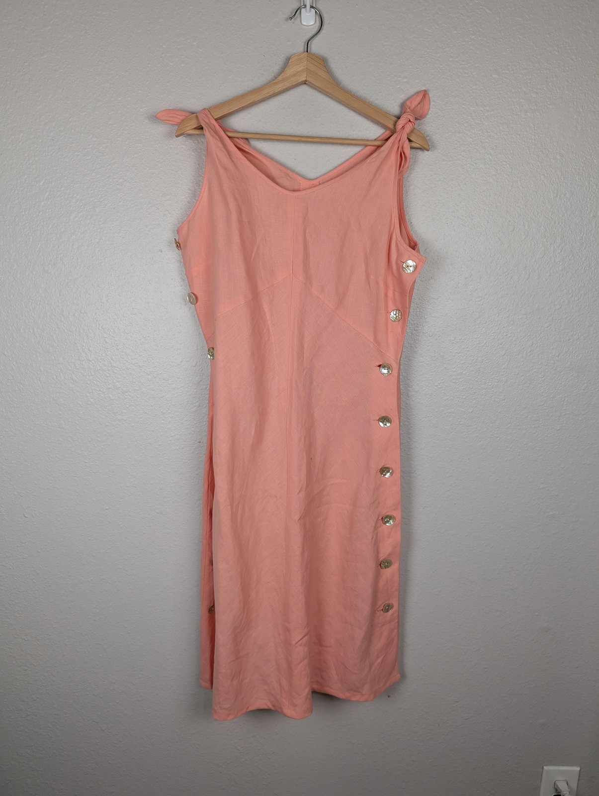 J Peterman Dress Womens 12 Peach Linen Midi Side Button Sleeveless Bow Tie Strap
